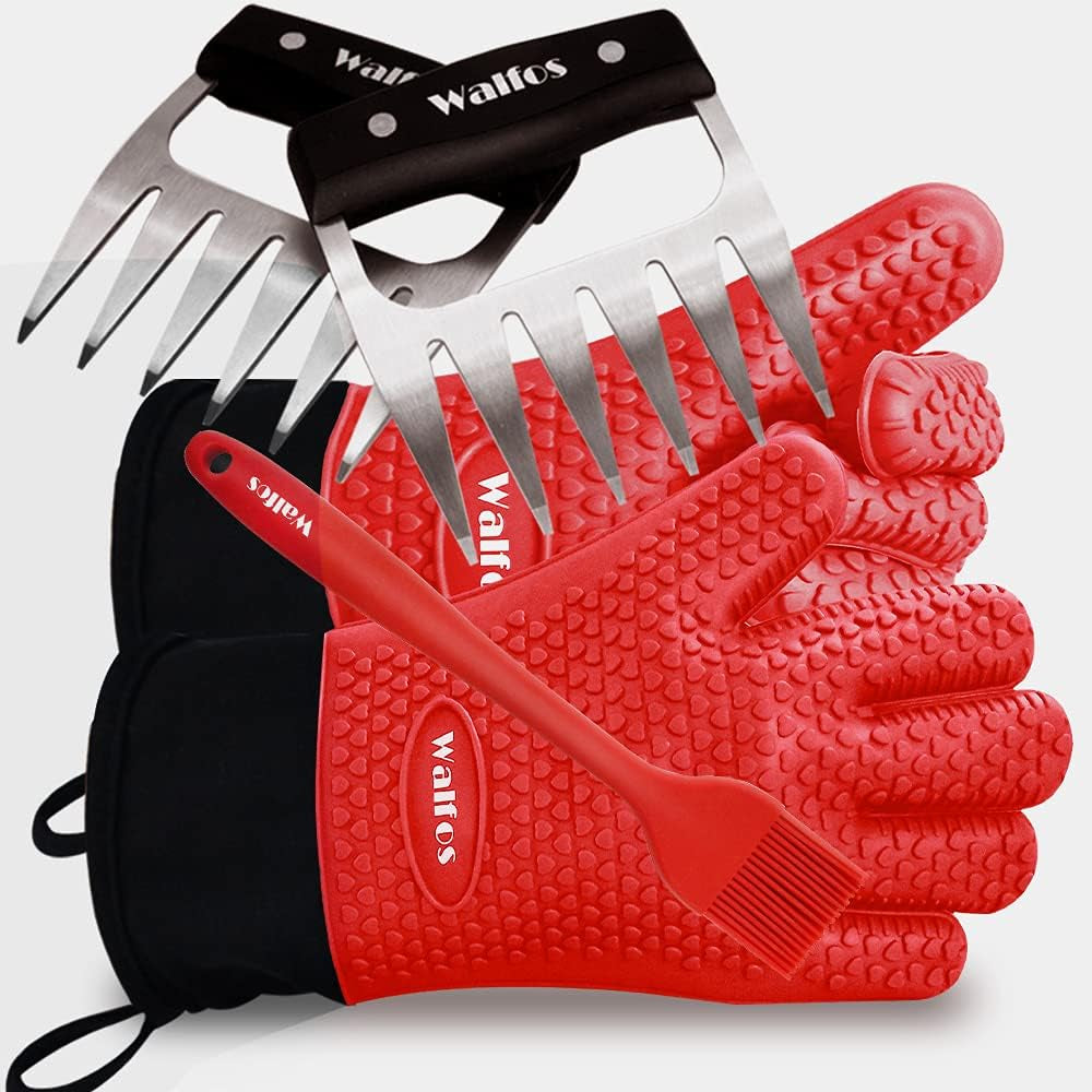 Silicone Grill and Cooking Gloves plus Pork Shredder Claws plus Silicone Basting Brush - Heat Resistant and Non-Slip, Safe Cooking and Grilling for Indoor & Outdoor, Superior Value Set (Red)