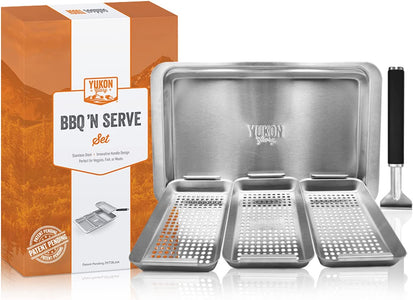 ™ BBQ 'N SERVE Grill Basket Set - Includes 3 Grilling Baskets a Serving Tray & Clip-On Handle - "Patented Grill-To-Table Design" Perfect for Grilling Fish Veggies & Meats