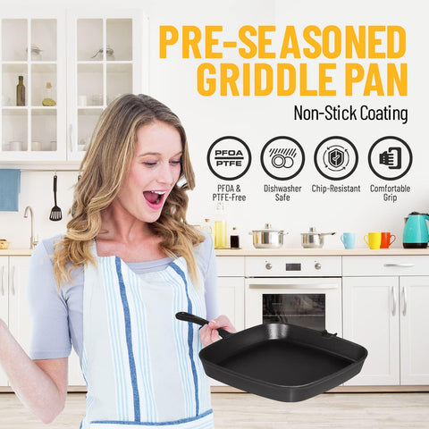 Image of Grill Pan - 2-Part Cast Iron Grill Pan with Removable Grill Grate - Square Pans for Grilling, Searing, BBQ, and More - Oven-Safe up to 450° - Ready Criss Cross Lines - Also Use as Griddle