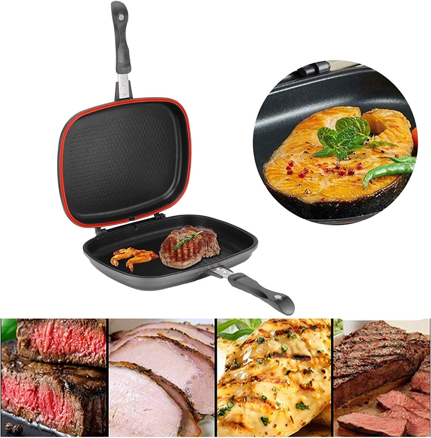 Double-Sided Frying Pan, 32Cm/12.6In BBQ Grill Pan, Double Side Pressure Cooking Grill Pan, Portable Grill Pot for Home Cooking, Anti‑Burn Handle, Grill Cookware Kitchen Supplies