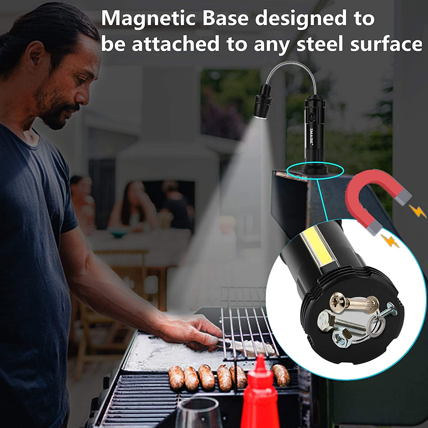 Grill Lights Magnetic BBQ Grill Light with Ultra-Bright LED Lights and 3W Side Light, 360 Degrees Flexible Gooseneck Adjustable BBQ Grill Lights for Any Gas Charcoal Electric Grill 2 Packs