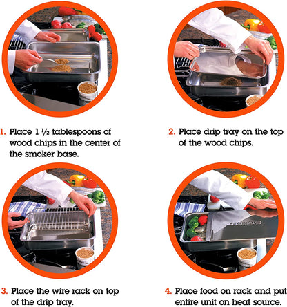 Large Stovetop Smoker - Stainless Steel BBQ Smoker Box W/Hickory & Oak Wood Chips & Recipe Guide - Indoor Outdoor Use - Great for Smoking Thanksgiving Dinner - Barbecue Grilling Gift for Men