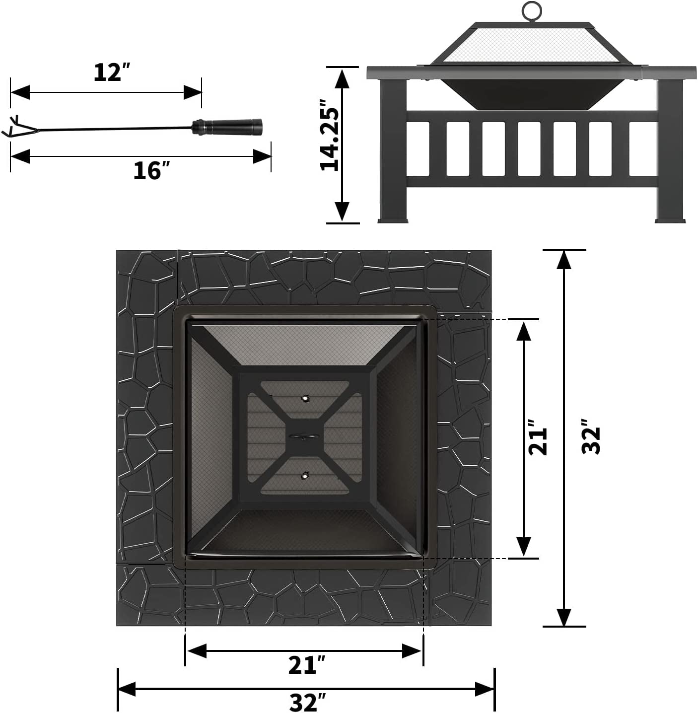 Greesum Multifunctional Patio Fire Pit Table, 32In Square Metal BBQ Firepit Stove Backyard Garden Fireplace with Spark Screen Lid and Rain Cover for Camping, Outdoor Heating, Bonfire and Picnic, Black