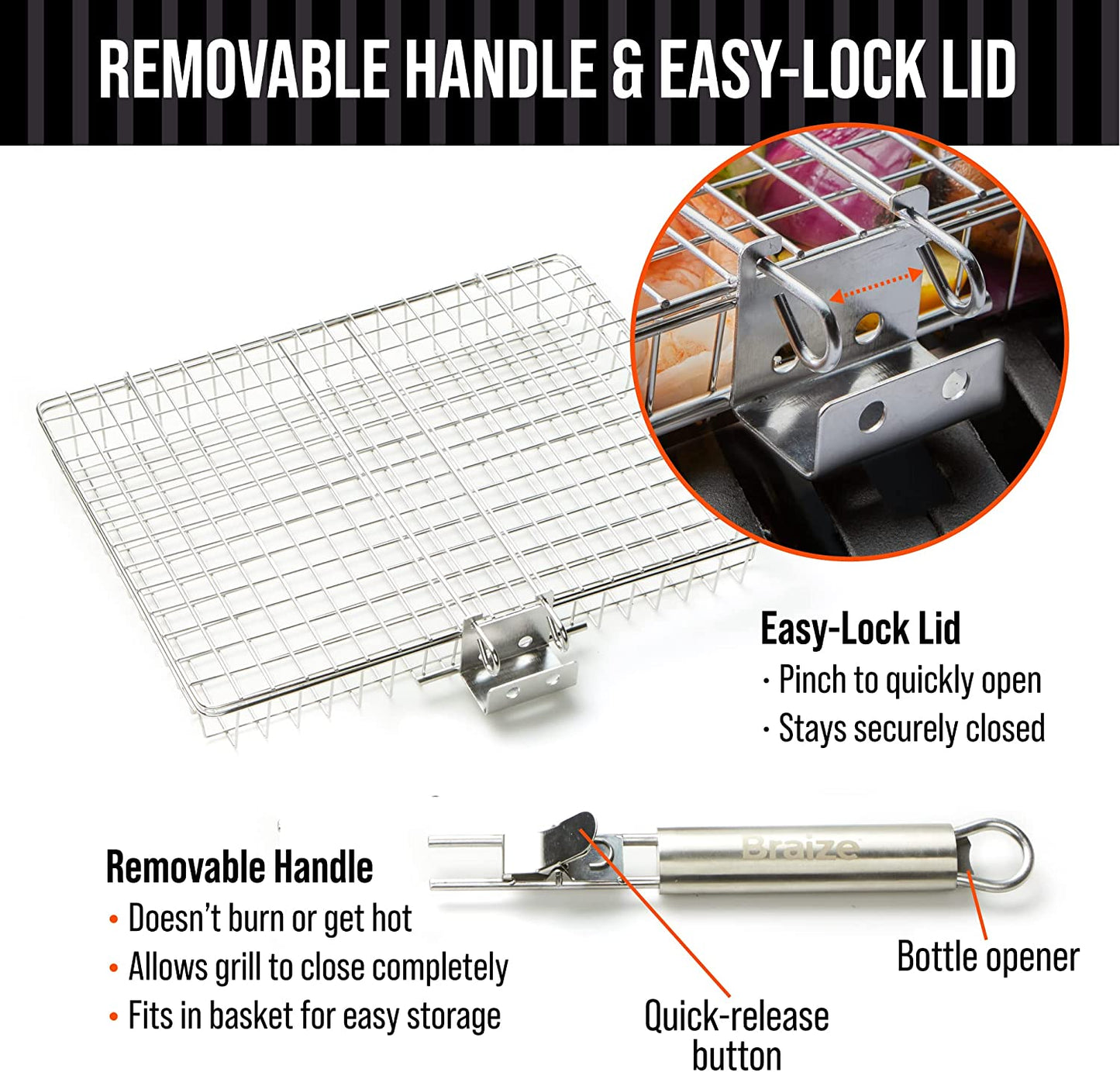 Braize Grill Basket with REMOVABLE HANDLE, Fish Grill Basket - Accessories for Outdoor Grill, Cooking Accessories, Bbq Grill. Grilling Grilling Set Camping Gear Accessories.
