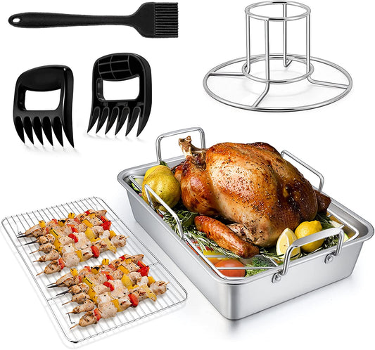 Teamfar Roasting Pan, 14 in Stainless Steel Turkey Roaster Pan with Cooling Rack & V Rack, Beer Can Chicken Holder/Meat Claws/Brush, Healthy & Dishwasher Safe, Set of 7