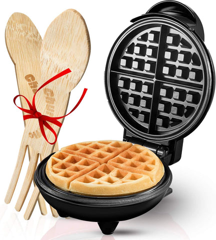 Image of Burgess Brothers Mini Waffle Maker | Portable Electric Non-Stick Waffle Iron | Belgian Waffle Maker Makes 4 Inch Waffles | Includes Bamboo Sporks
