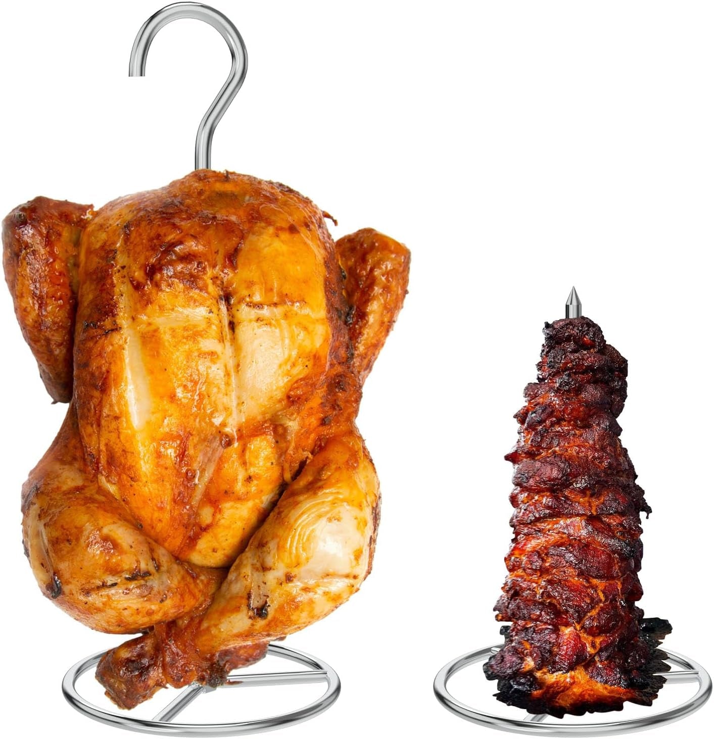 Vertical Skewer Turkey Fryer Stand Kit, Al Pastor Skewer with Removable Size Spikes (1 Base, 1 Skewers and 1 Chicken Hangers), Turkey Hanger Chicken Rack for Grill Meat, Stainless Steel