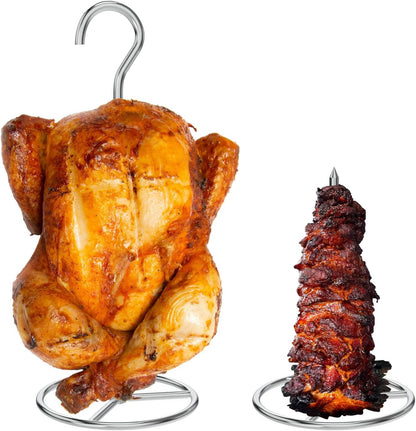 Vertical Skewer Turkey Fryer Stand Kit, Al Pastor Skewer with Removable Size Spikes (1 Base, 1 Skewers and 1 Chicken Hangers), Turkey Hanger Chicken Rack for Grill Meat, Stainless Steel