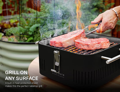CUBE Portable Charcoal Grill, Tabletop BBQ, Perfect Tailgate, Beach, Patio, or Camping Grill, Lightweight & Compact Small Grill with Preparation Board & Food Storage Tray, Stone