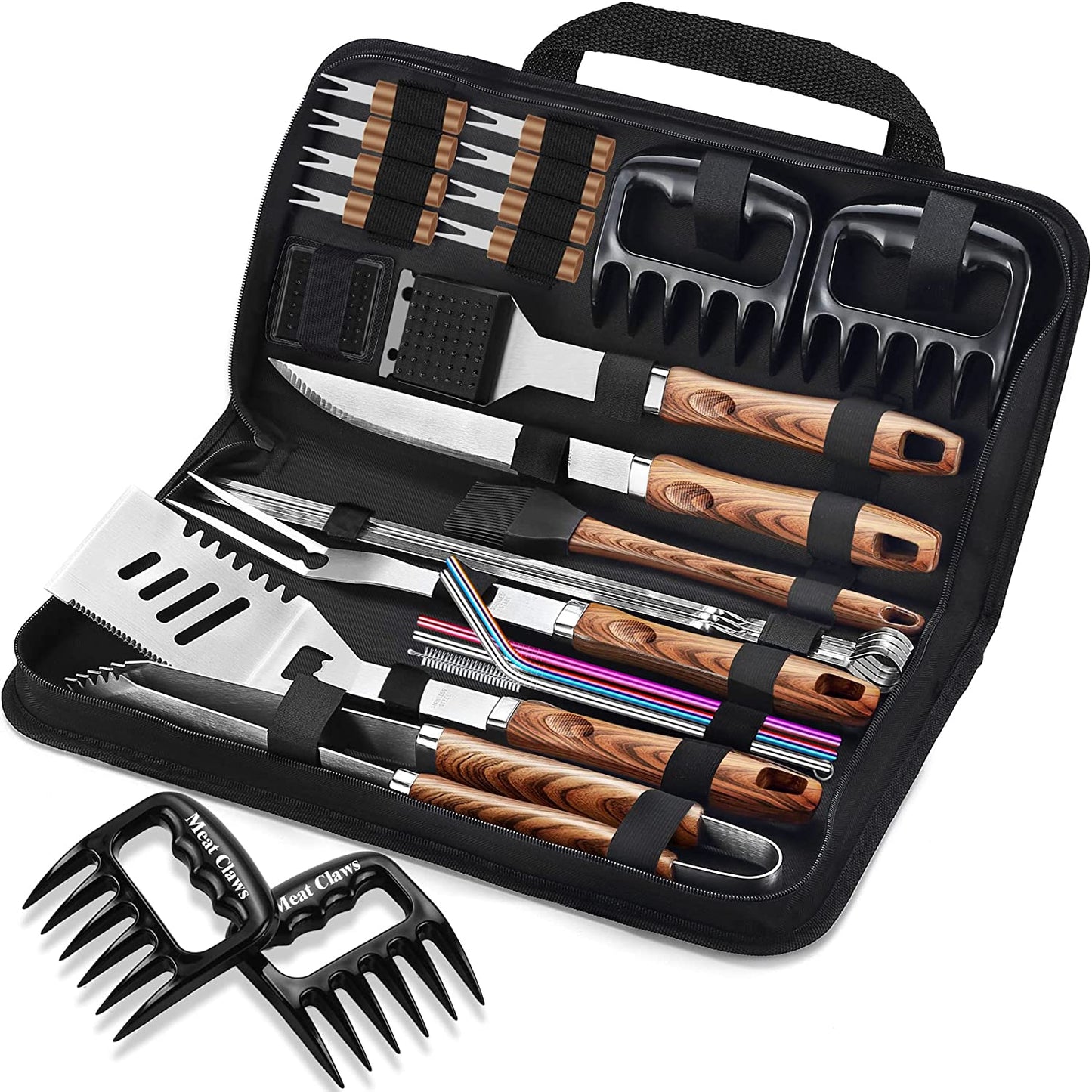 ROMANTICIST 27Pcs Heavy Duty BBQ Tools Gift Set for Men Dad, Extra Thick Stainless Steel Grill Utensils with Meat Claws, Grilling Accessories Kit in Portable Carrying Bag for Camping, Backyard Brown