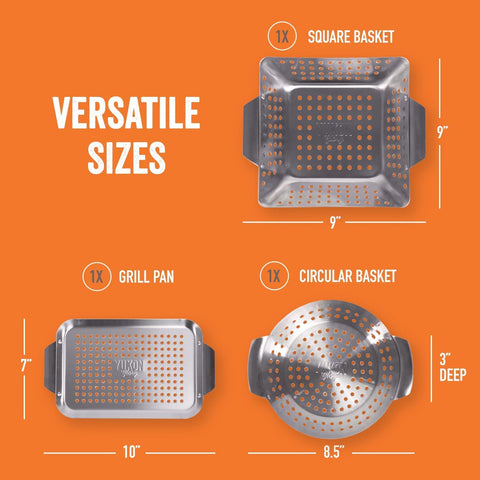 Image of Grill Basket - ™ 3-Piece Mini Grilling Basket Set - Stainless Steel Perforated Grill Baskets for Grilling Veggies Seafood and Meats Includes Grill Pan - Square Basket and Circular Basket