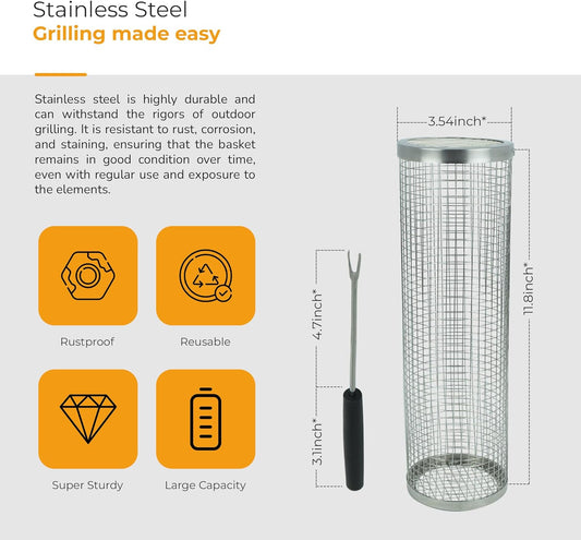 2 Pack BBQ Rolling Basket – Rolling Grilling Baskets for Outdoor Grilling - Stainless Steel BBQ Grill Basket - BBQ Accessories for Outdoor BBQ Grill