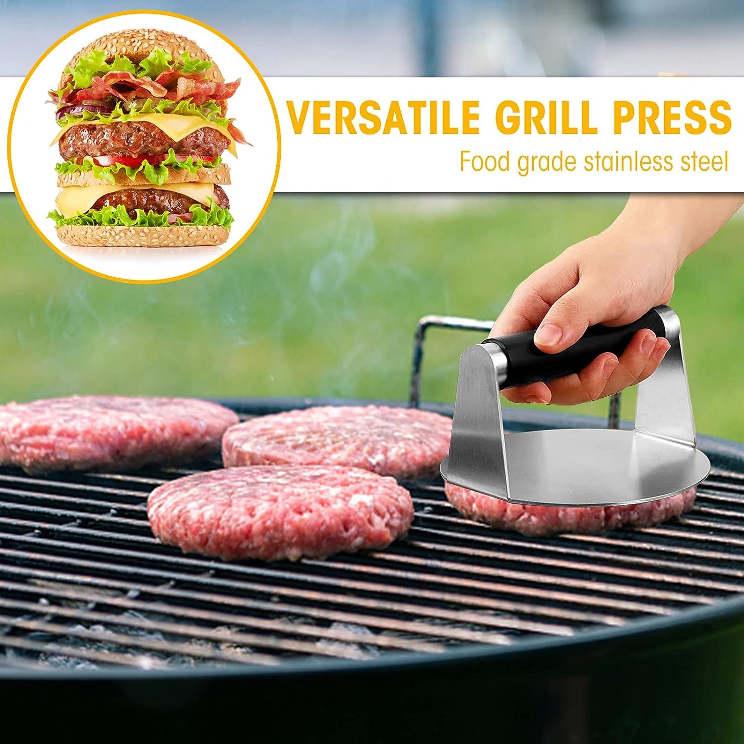 PMYEK Burger Press with Anti-Scald Handle, 5.5 Inch Stainless Steel Burger Smasher, round Non-Stick Hamburger Press for Griddle, Griddle Accessories Kit for Flat Grill Cooking