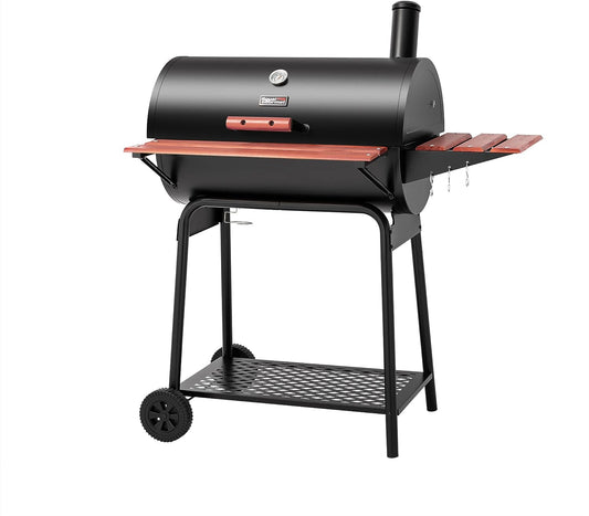 CC1830V 30 Barrel Charcoal Grill with Wood-Painted Side Front Table, 627 Square Inches Cooking Space, for Outdoor Backyard, Patio and Parties, Black