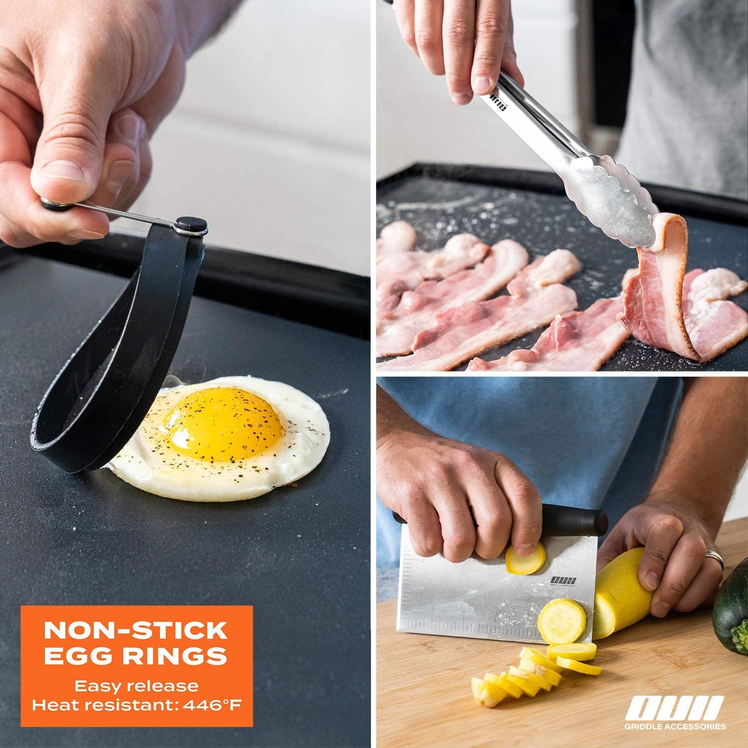OUII Flat Top Griddle Accessories Set for Blackstone and Camp Chef Griddle - 14 Pieces Set with Griddle Cleaning Kit & Carry Bag! Metal Spatula, Griddle Scraper, Egg Rings for Teppanyaki & Gas Grill