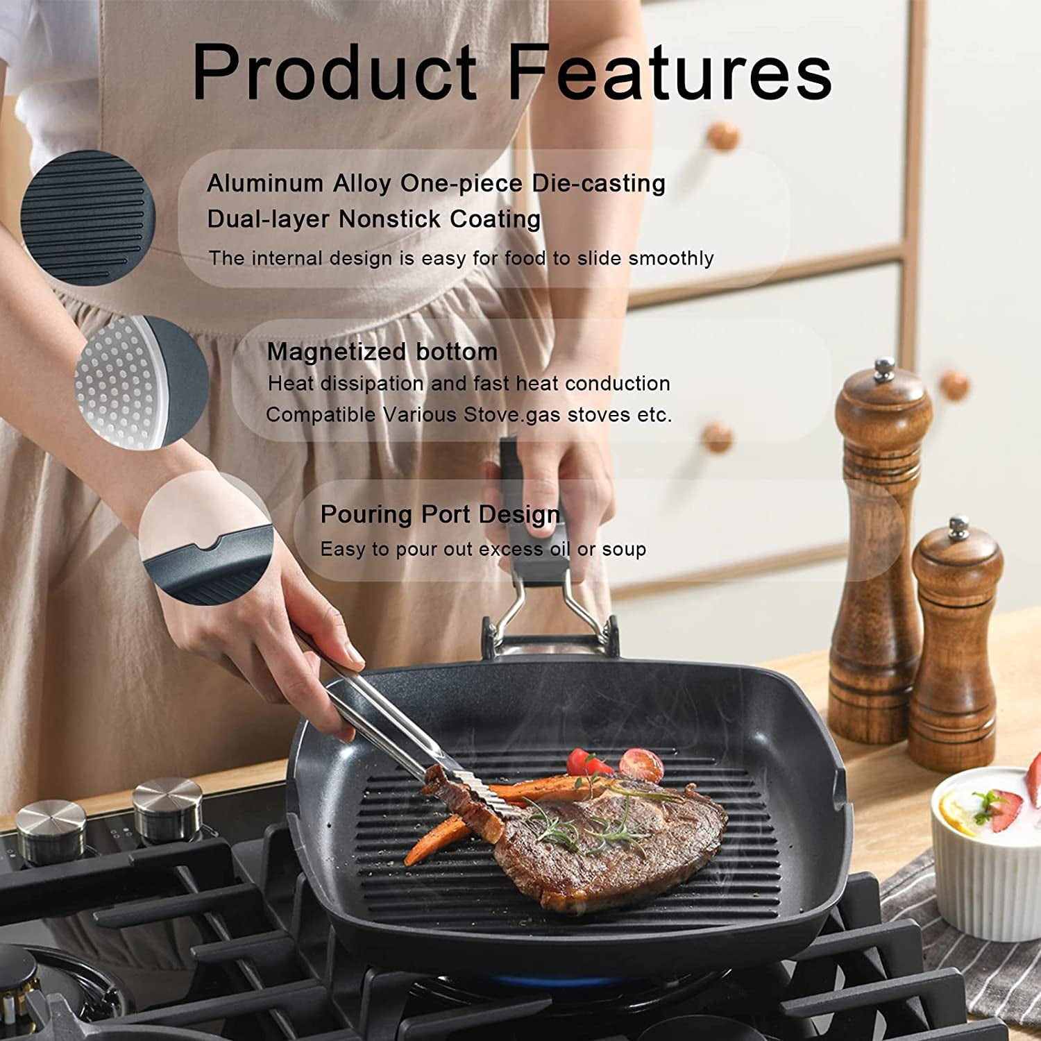 Grill Pan with Folding Handle, Nonstick Grill Pan for Stove Tops, Induction Compatible KBBQ Grill Pan with Pour Spouts, Indoor Square BBQ Grilling Pan… (11 In)