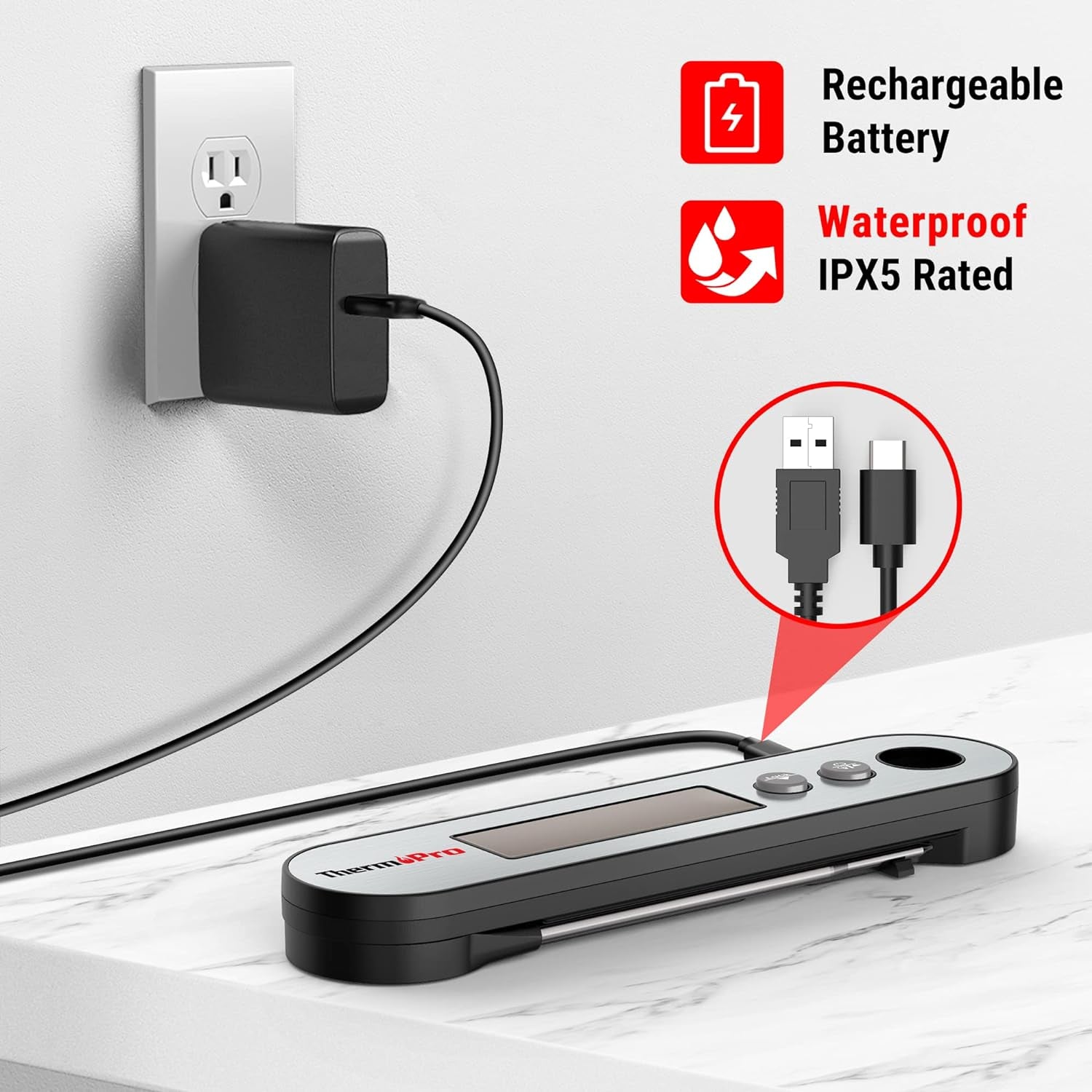 TP610 Digital Meat Thermometer for Cooking, Rechargeable Instant Read Food Thermometer with Rotating LCD Screen, Waterproof Cooking Thermometer with Alarm for Grilling, Smoker, BBQ, Oven