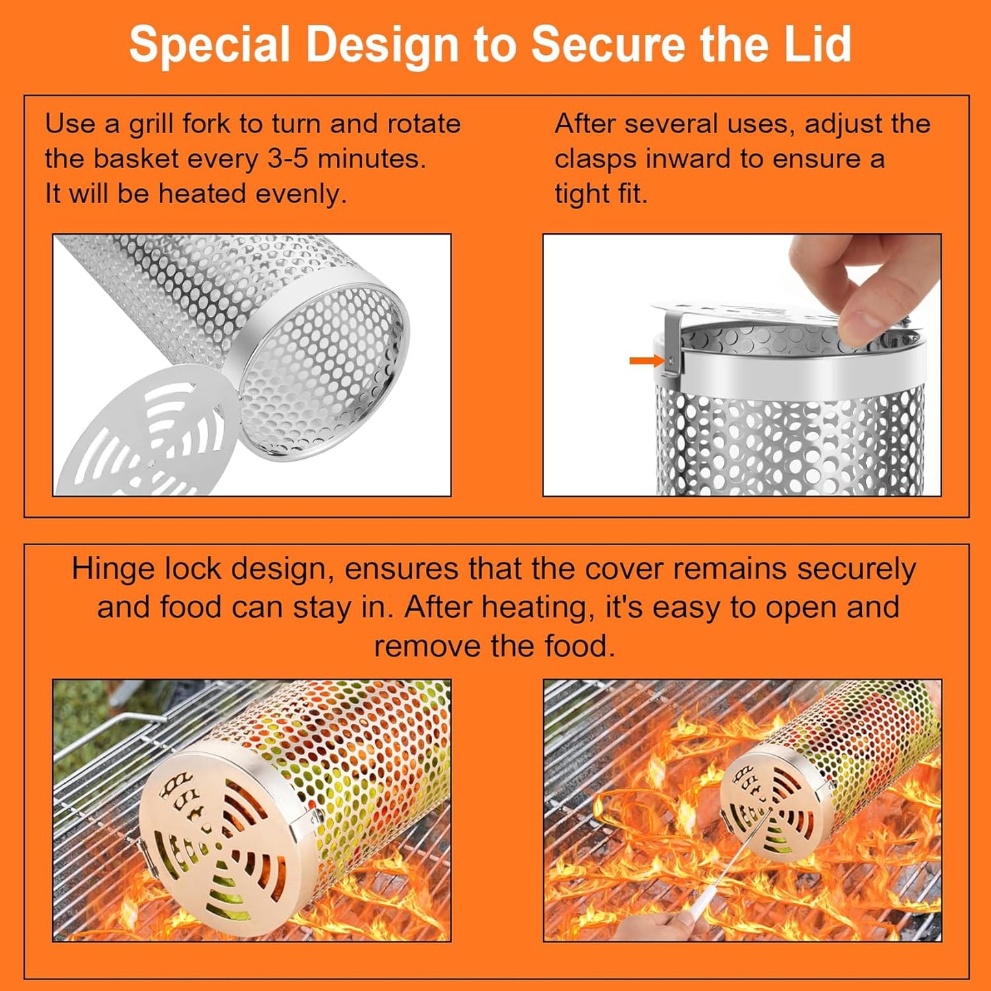 Reclite Rolling Grilling Baskets for Outdoor Grilling BBQ Grill Basket Stainless Steel, Grill Basket for Veggies Fish, Shrimp, Meat, Fries Food Camping, Gift for Men(Small+Large)