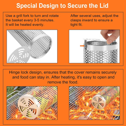 Reclite Rolling Grilling Baskets for Outdoor Grilling BBQ Grill Basket Stainless Steel, Grill Basket for Veggies Fish, Shrimp, Meat, Fries Food Camping, Gift for Men(Small+Large)