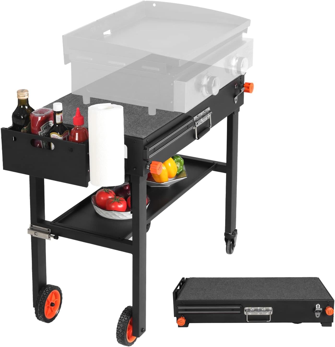 Portable Blackstone Griddle Stand Grill Table 17"/22" Grill Cart Pizza Oven Stand Ninja Grill Stand Outdoor Universal Foldable BBQ with Wheels Double Shelf Caddy Cooking Camping Tailgating