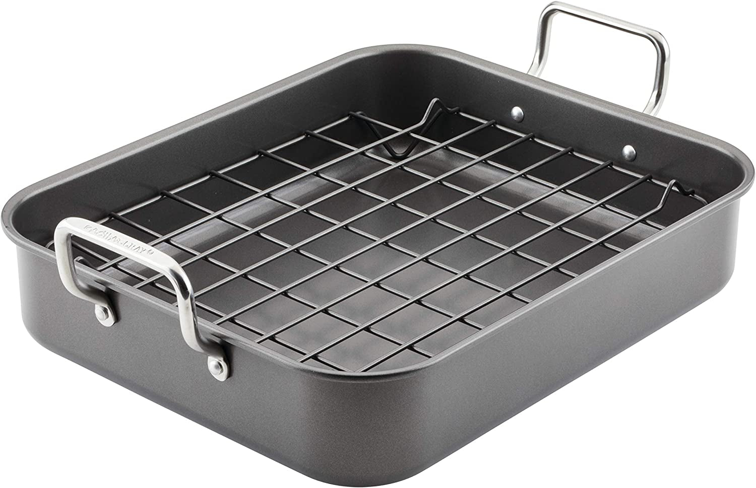 Rachael Ray Bakeware Nonstick Roaster/Roasting Pan with Reversible Rack, 16.5 Inch X 13.5 Inch, Gray
