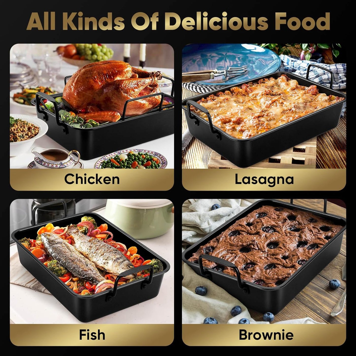 14-In Nonstick Turkey Roasting Pan with Rack Set, Joyfair Chicken Roaster Pan with Flat Rack & Removable V-Rack, Heavy Duty Rectangular Oven Bakeware with Non-Toxic Coating, Easy Releasing & Cleaning