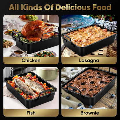 14-In Nonstick Turkey Roasting Pan with Rack Set, Joyfair Chicken Roaster Pan with Flat Rack & Removable V-Rack, Heavy Duty Rectangular Oven Bakeware with Non-Toxic Coating, Easy Releasing & Cleaning