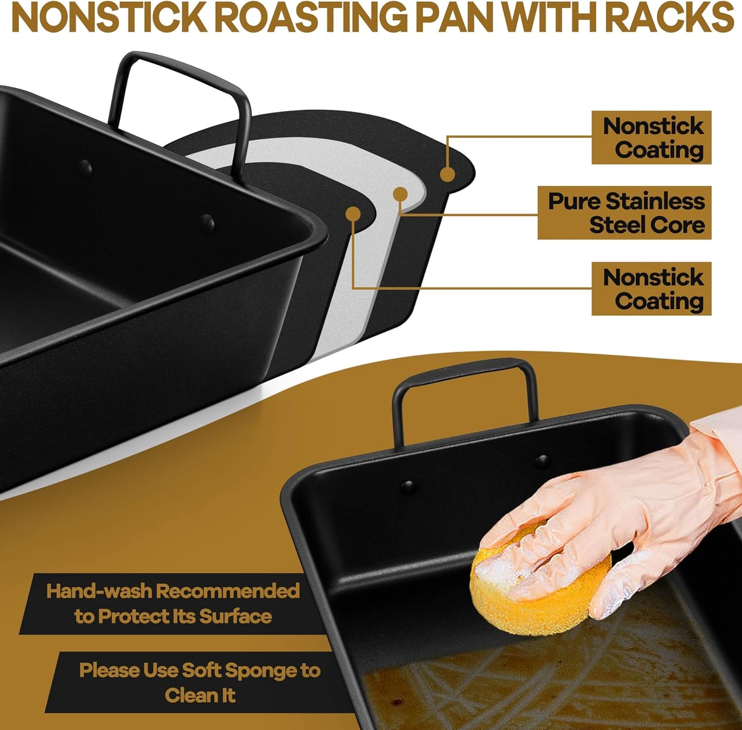 Large Roasting Pan with Rack Set of 3, P&P CHEF 15¼" Turkey Roaster Pan & V-Shape Baking Rack & Cooling Rack for Chicken Rib Lasagna Cookie, Nonstick Coating & Stainless Steel Core, Sturdy & Healthy