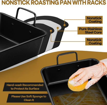 Large Roasting Pan with Rack Set of 3, P&P CHEF 15¼" Turkey Roaster Pan & V-Shape Baking Rack & Cooling Rack for Chicken Rib Lasagna Cookie, Nonstick Coating & Stainless Steel Core, Sturdy & Healthy