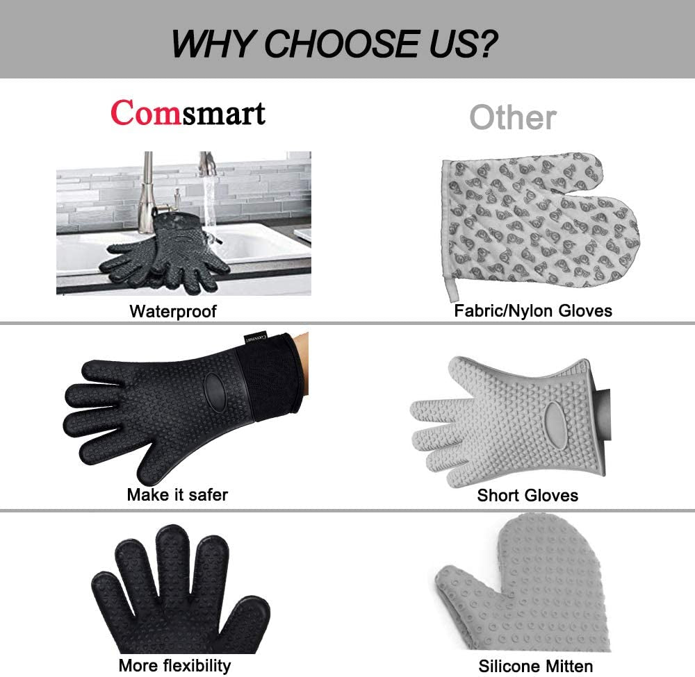 BBQ Gloves, Heat Resistant Silicone Grilling Gloves, Long Waterproof BBQ Kitchen Oven Mitts with Inner Cotton Layer for Barbecue, Cooking, Baking, Smoker(Black)