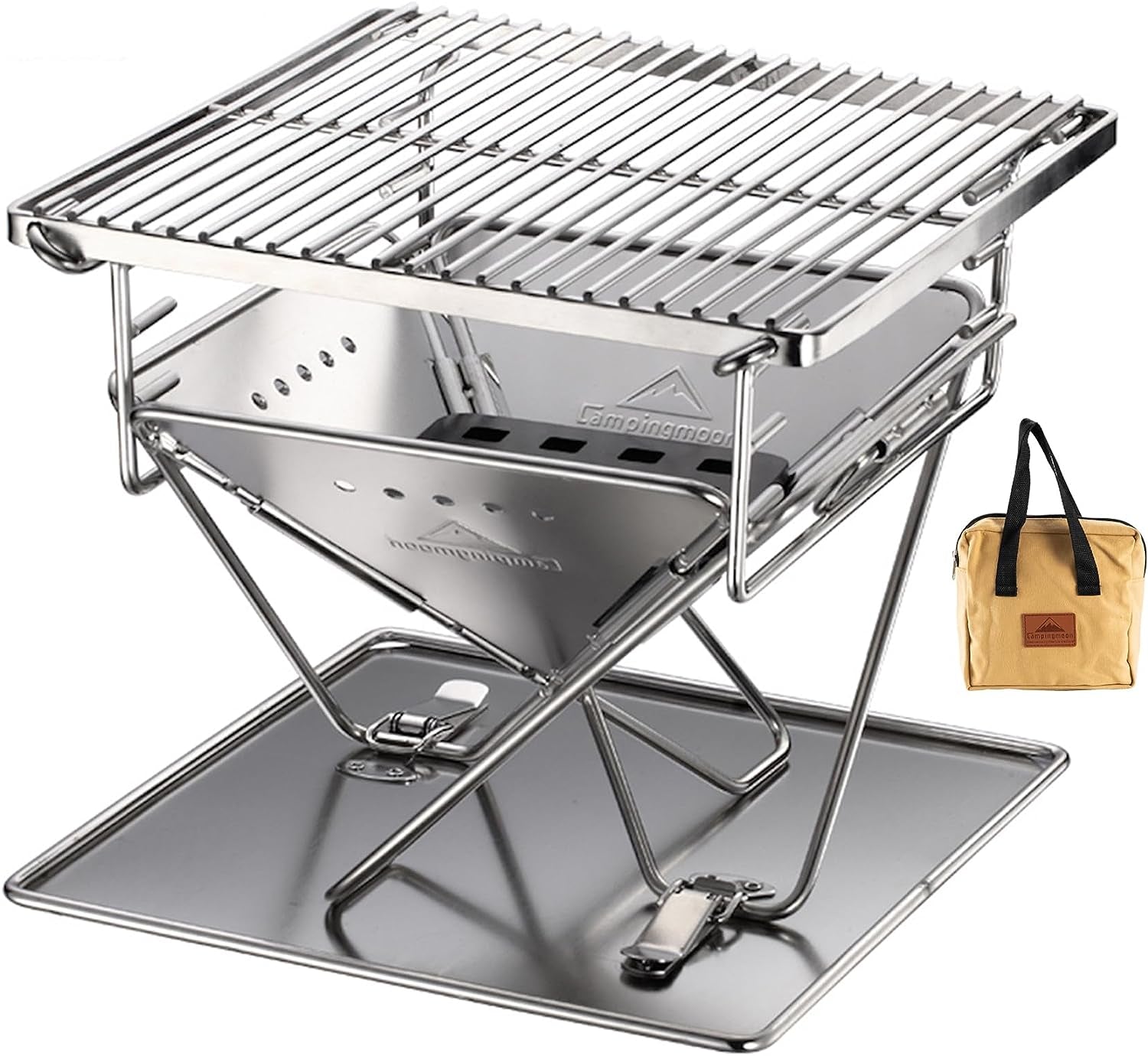 CAMPINGMOON Tabletop Charcoal Grill Small Size Wood Burning Grill and Fire Pit 9.65-Inch Portable Stainless Steel with Carrying Bag X-MINI-PRO