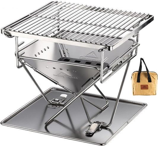 CAMPINGMOON Tabletop Charcoal Grill Small Size Wood Burning Grill and Fire Pit 9.65-Inch Portable Stainless Steel with Carrying Bag X-MINI-PRO