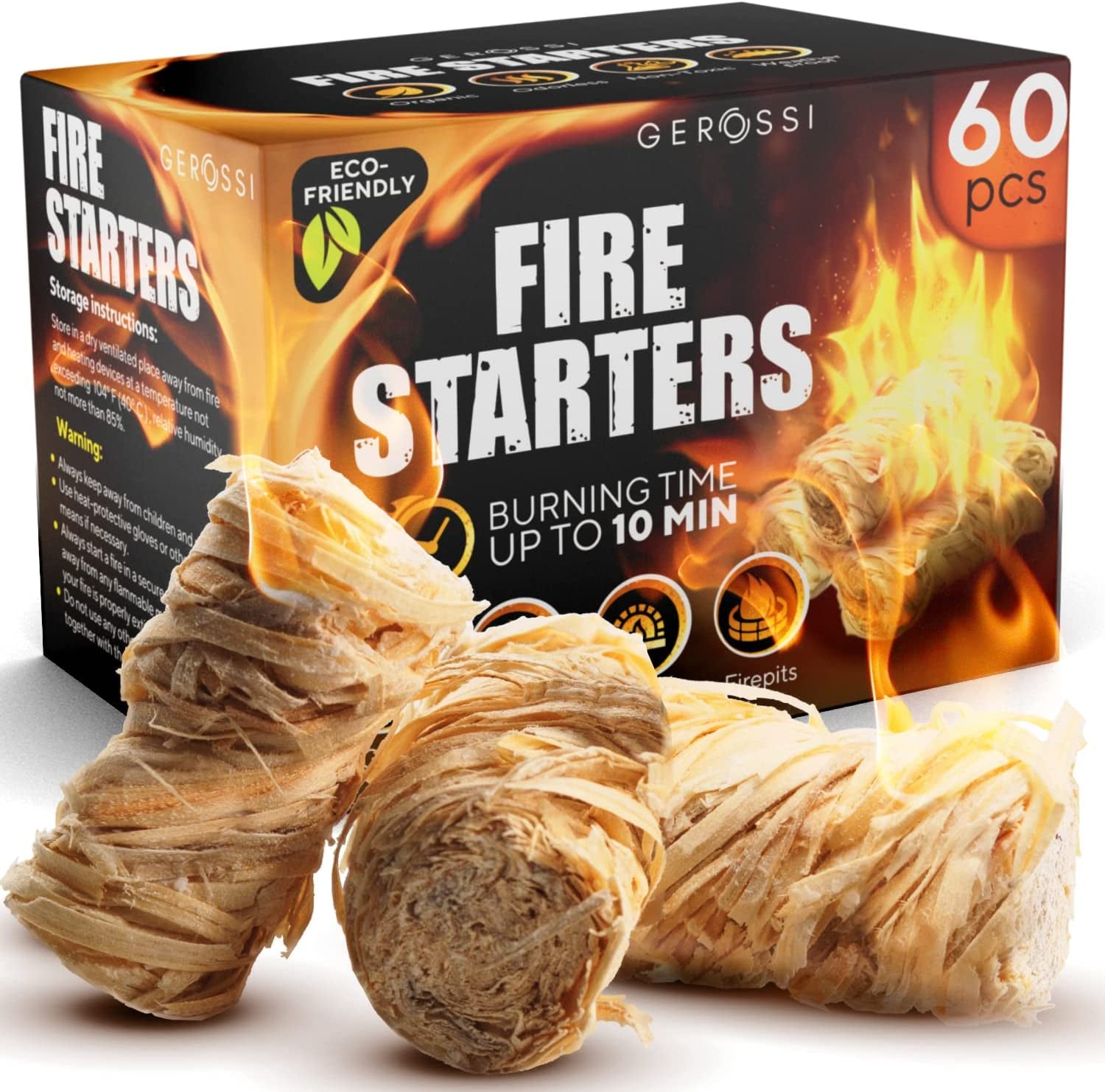 Fire Starter - Natural Pine Fire Starters for Fireplace, Campfires, Grill, Wood & Pellet Stove, Chimney, Fire Pit, BBQ, Smoker - 60 Pack W/10 Min Burning Time - All Weather & Odorless Firestarter