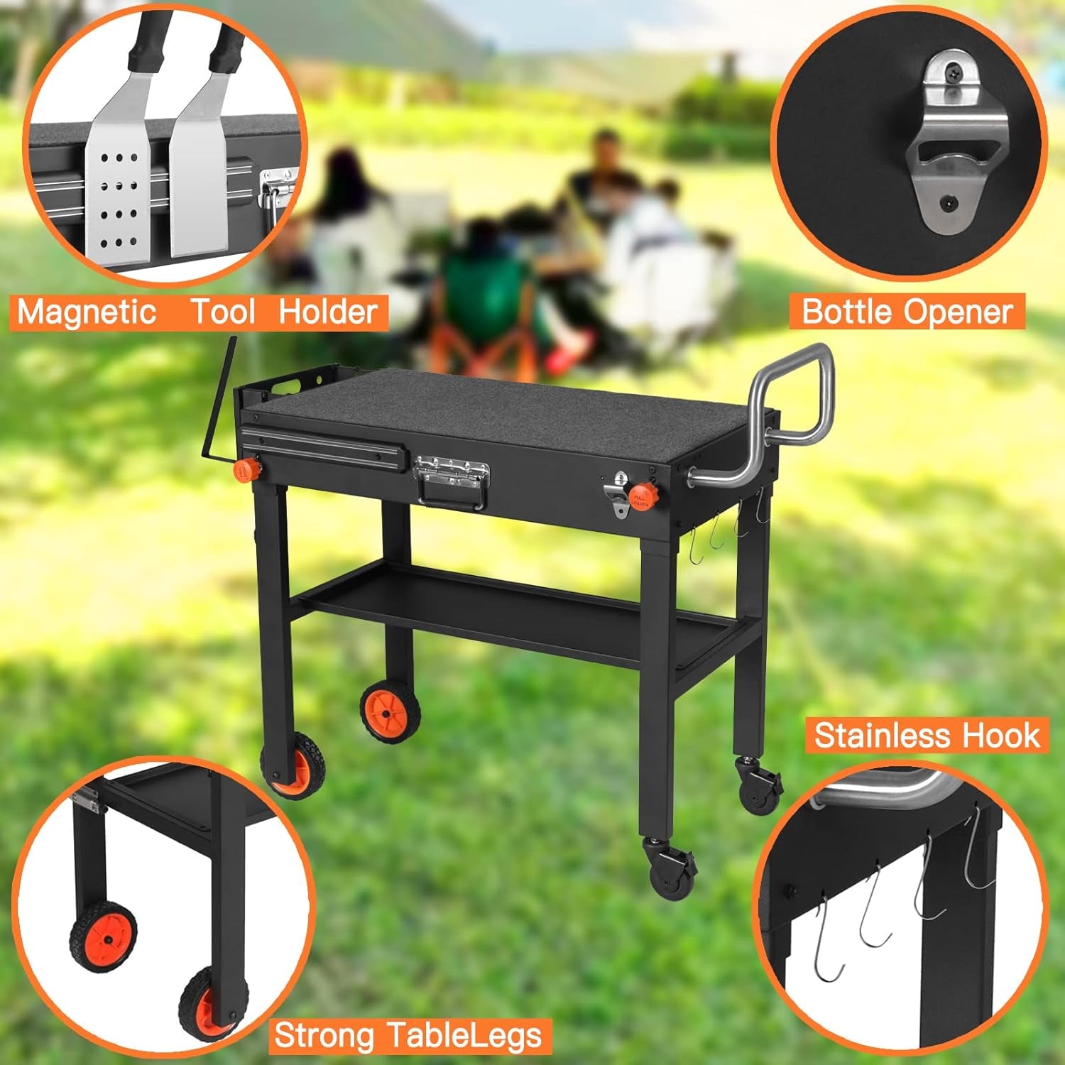 Portable Blackstone Griddle Stand Grill Table 17"/22" Grill Cart Pizza Oven Stand Ninja Grill Stand Outdoor Universal Foldable BBQ with Wheels Double Shelf Caddy Cooking Camping Tailgating