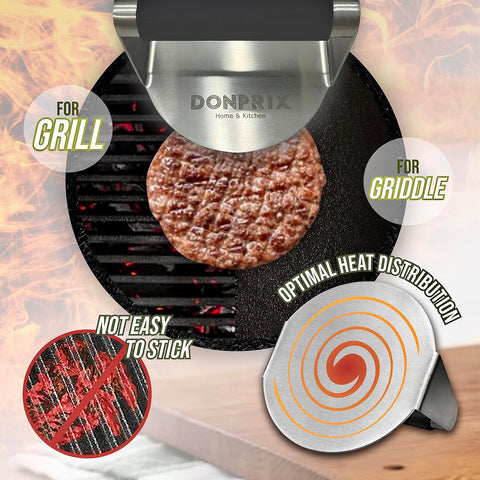 Image of Smash Burger Press Kit with Anti-Scald Handle - Stainless Steel Hamburger Press - 5.5 in round Hamburger Smasher Tool - Burger Smasher for Griddle - Smashburger & Patty Press, Bacon Press, Grill Press