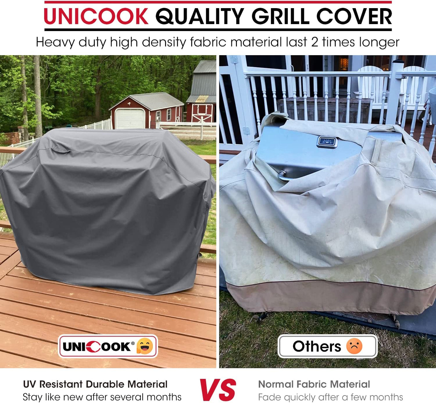Unicook Grill Cover for Outdoor Grill, 60 Inch BBQ Cover, Heavy Duty Waterproof, Fade Resistant, Weather Resistant, Anti-Rip, Gas Grill Cover Compatible with Weber, Char-Broil, Nexgrill, Etc. Grey