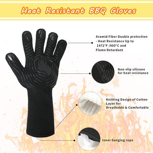 BBQ Gloves, 1472°F Heat Resistant Grilling Gloves Silicone Non-Slip Oven Gloves Kitchen Gloves for Barbecue, Cooking, Baking (Black)