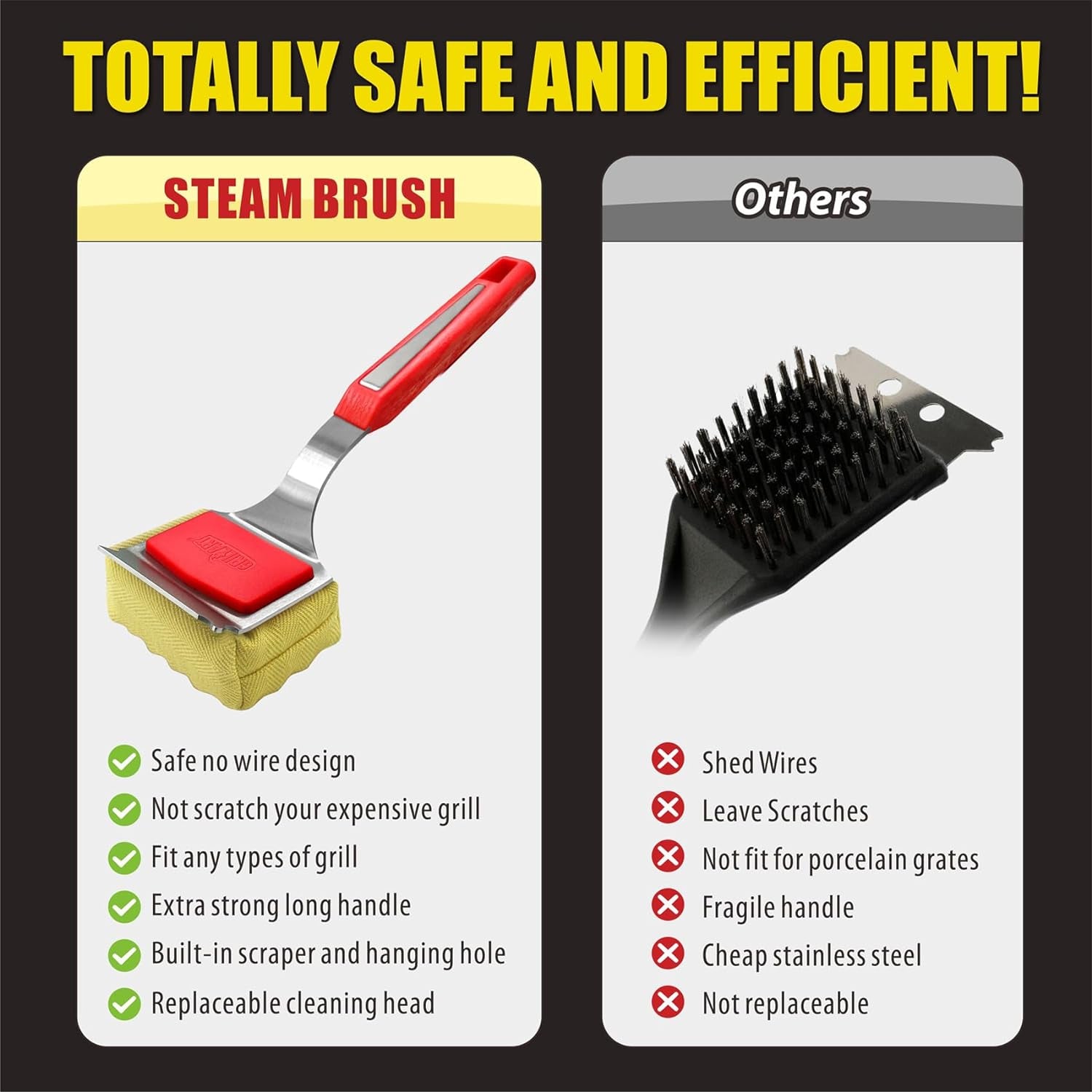 Grill Brush Bristle Free. [Rescue-Upgraded] BBQ Replaceable Cleaning Head, Unique Seamless-Fitting Scraper Tools for Cast Iron/Stainless-Steel Grates, Safe Barbecue Grill Cleaner-Red