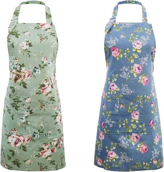 Kitchen Aprons for Women, 2 Pack Floral Aprons with 2 Pockets, Vintage Chef Bakers Apron for Cooking Baking Gardening - Cute Birthday Mothers Day Apron Gifts for Mom Wife Sister Aunt Grandma