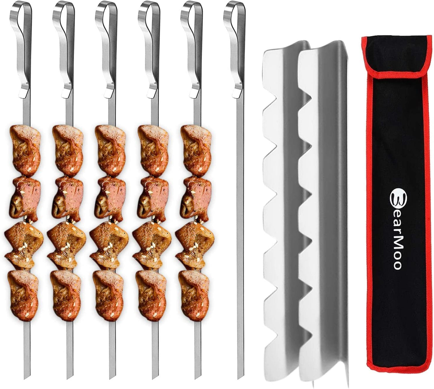 Barbecue Skewer, Bearmoo 17” Stainless Steel Shish Kabob Skewers – 0.35” Width Flat BBQ Metal Skewers for Grilling (Set of 6 Skewers + 2 Grill Racks + 1 Handy Storage)