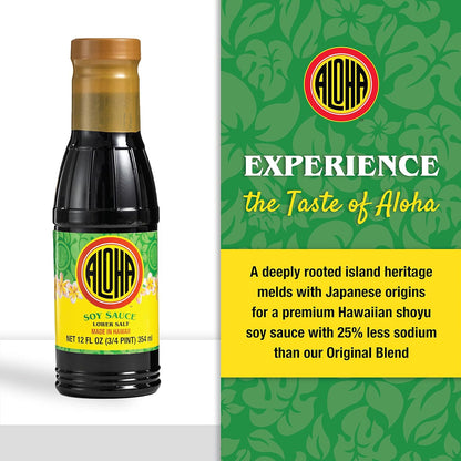 Aloha Shoyu Soy Sauce, Lower Salt - Hawaiian Soy Sauce with Smooth, Balanced Flavor - Authentic Soy Sauce for Cooking, Marinades, and Dips - Premium Shoyu Soy Sauce Made in Hawaii - 12 Oz