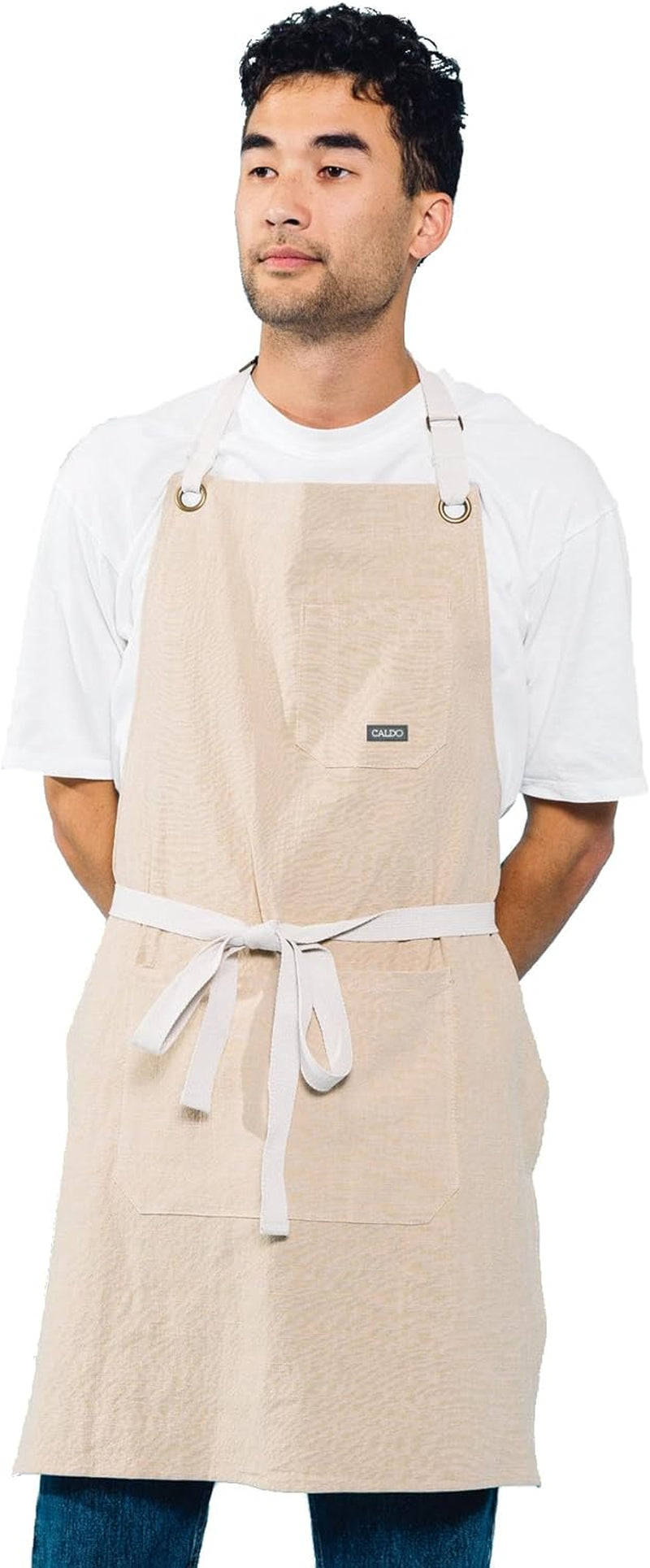 Linen Kitchen Apron for Cooking- Mens and Womens Linen Bib Apron for Professional Chef, Server, or Barista- Adjustable with Pockets (Bone)