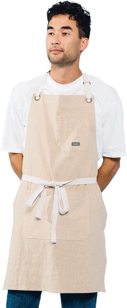 Linen Kitchen Apron for Cooking- Mens and Womens Linen Bib Apron for Professional Chef, Server, or Barista- Adjustable with Pockets (Bone)