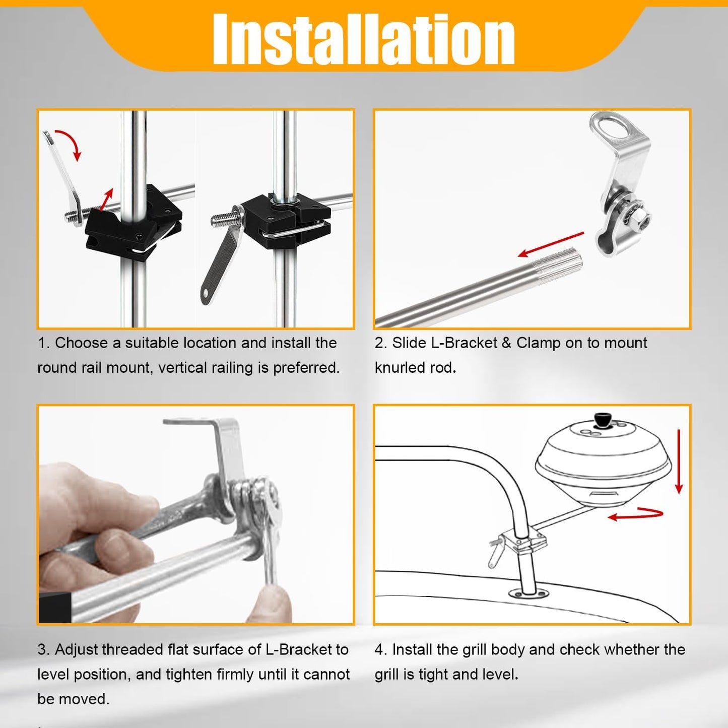 round Rail Grill Mounting Hardware Kit for Standard 7/8" or 1" Rails, Fit for All Magma Marine Kettles Grill, A10-080