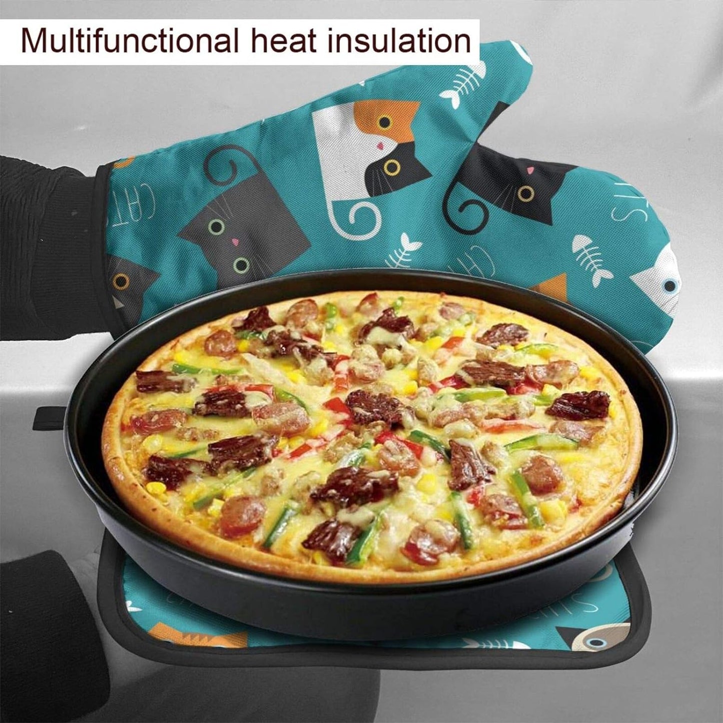 Cats Fishbone Oven Mitts and Pot Holders Set， Heat Resistant Kitchen Gloves with Inner Cotton Layer for Cooking Baking Grilling