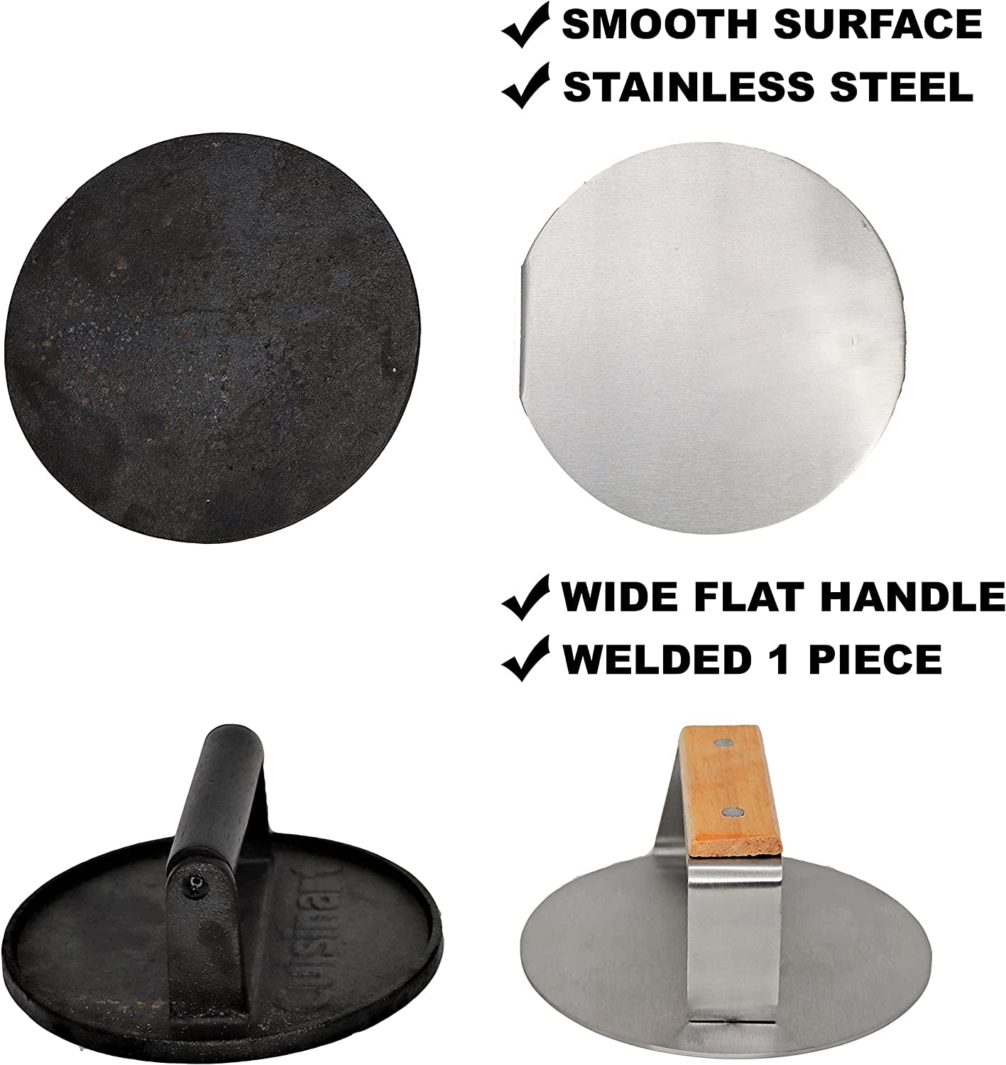 The Sasquash Indestructible Burger Smasher - Professional Grade Wide Flat Handle Smashed Burger Press - Heavy Duty One-Piece Welded Stainless Steel BBQ Griddle and Grill Tool