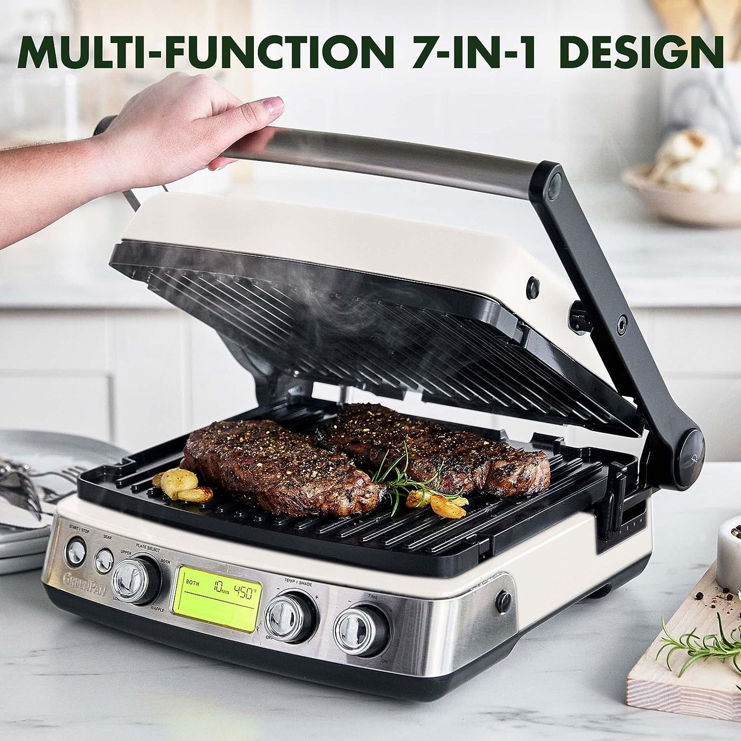 Elite 7-In-1 Multi-Function Contact Grill & Griddle, Healthy Ceramic Nonstick Aluminum, Two Sets of Grill & Waffle Plates, Adjustable Shade & Shear, Closed Press/Open Flat Surface,Cream White