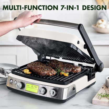 Elite 7-In-1 Multi-Function Contact Grill & Griddle, Healthy Ceramic Nonstick Aluminum, Two Sets of Grill & Waffle Plates, Adjustable Shade & Shear, Closed Press/Open Flat Surface,Cream White