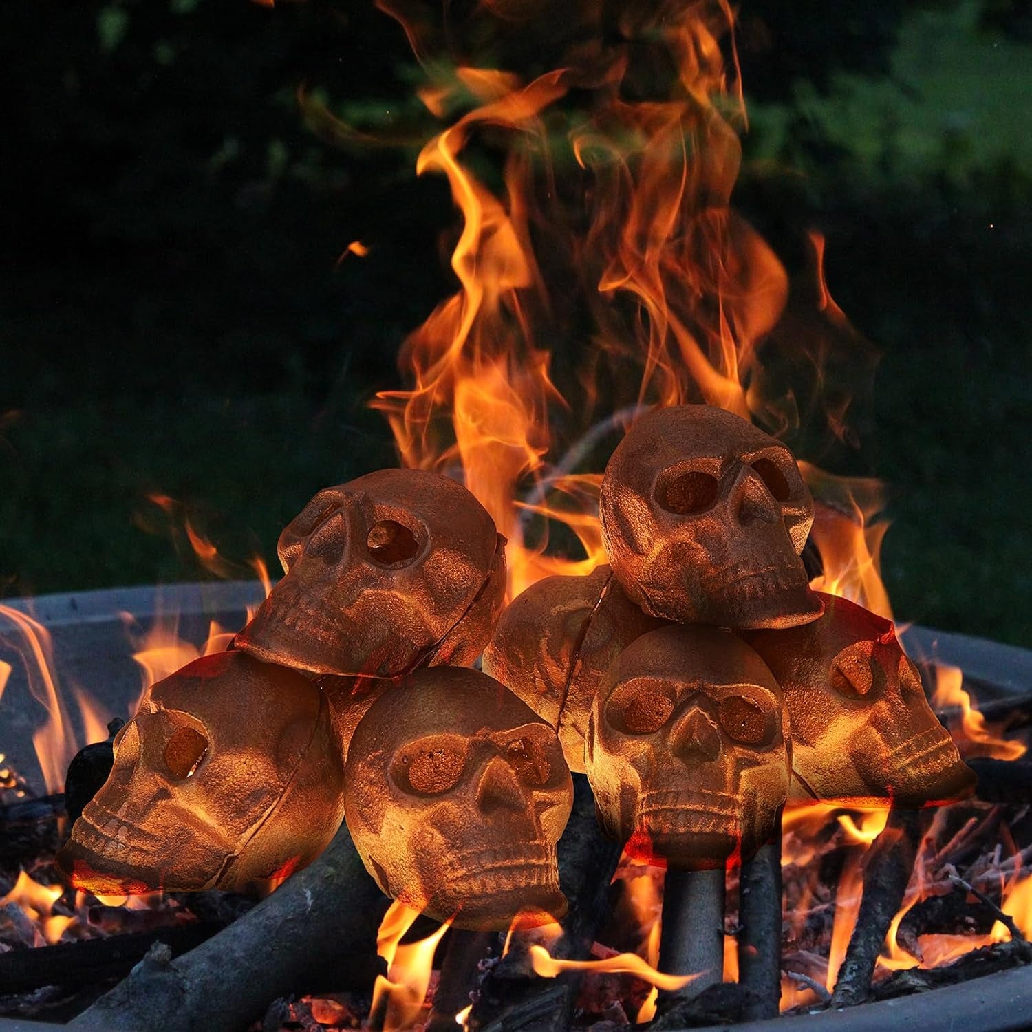 Metal Fireproof Fire Pit Skulls | Set of 8 | Spooky Ceramic Skeleton Props, Reusable Gothic Decor for Outdoor & Indoor Fireplaces, for Bonfire, Campfire, Firepit, BBQ, Creepy Home Decor