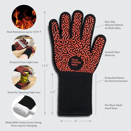Extreme Heat Resistant BBQ Grill Gloves, Oven Mitts, Protection up to 1472°F, Aramid Fiber, Non-Slip Silicone.